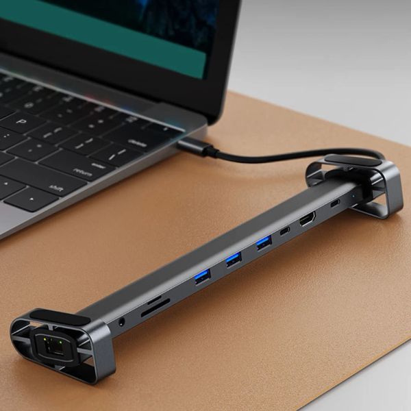 Stazioni USB C dock cuffia/connessioni per altoparlanti hub dongle sd/tf scheda lettore 10in1 multiport rj45 gigabit ethernet per macbook huawei