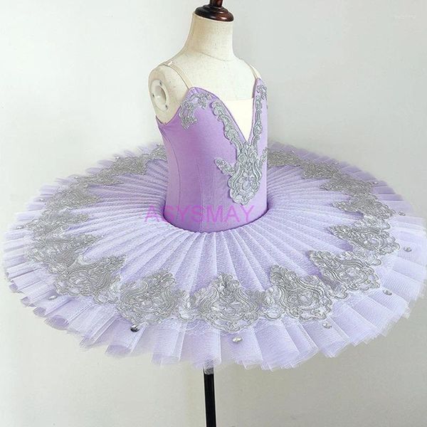 Stage Use Purple Lace Diamond Diamond lantejão Tutu Professional Women Swan Competition Flower Dress Skirt Bebês crianças dança