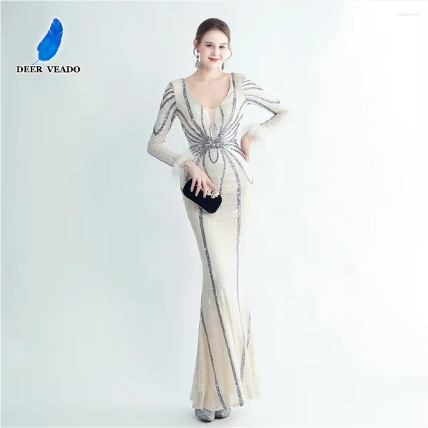 Partykleider Deerveado Frauen elegant Full Sleeves Abendkleid mit Federn Pailletten Meerjungfrau Deep v Hals formelle Maxi