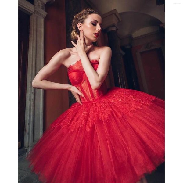 Partykleider Kadisua Red Evening Kleid Ballkleid trägerlose Spitze kurzer Minirock