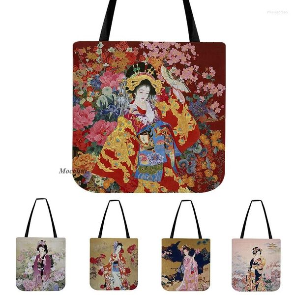 Aufbewahrungstaschen Schöne Japan Vintage Ethnische Tradition Frau Porträtkäufer Umhängetasche Wasserfarbe Kunst Baumwollwäsche einzigartige Tasche