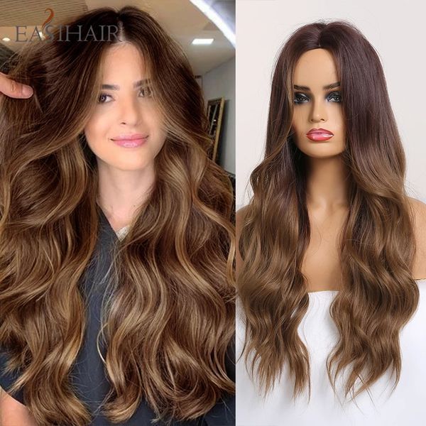 Ombre Brown Long Body Wave Synthetic Wigs для женщин средняя часть натуральные поддельные волосы ежедневно косплей. Используйте теплостойкий парик 240419