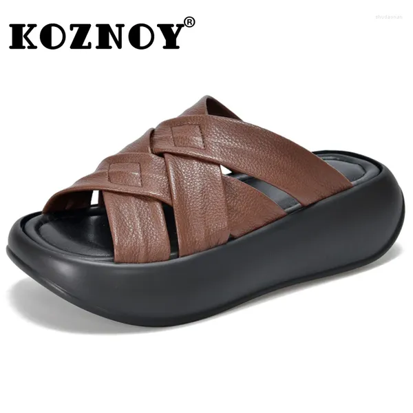 Hausschuhe Koznoy 5,2 cm Frauen weben natürliche Kuh echte Leder Mary Jane Slipper Rom Moccasins Britische Plattform Keil Damen Sommerschuhe