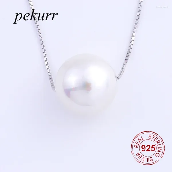 Pendenti pekurr 925 sterling argento da 12 mm brillante rotonda collana perla bianca per donne catena di scatole di gioielleria