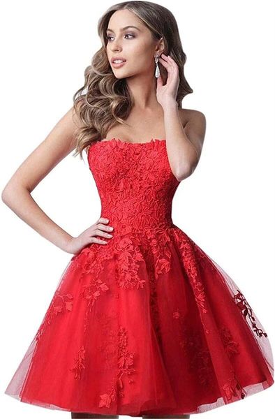 Kurze Heimkehrkleider Applikationen trägerloser Schnürkugel Kleid Tüll Plus Size Graduation Dress Party Prom Formal Abendkleid HC17