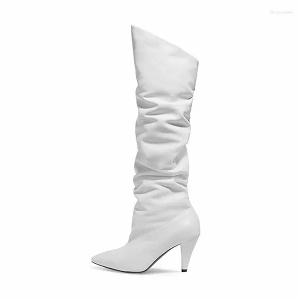 Stiefel White Slouchy Spike Ferse große Größe langer Stiefel Leder plissierte Spitze