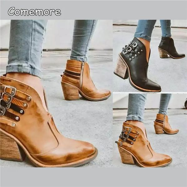 Comemore Punk Women Boots weibliche Herbst Winter Leder Cowboy Western Knöchel Buckle Women High Heel Booties Botas Mujer 240415