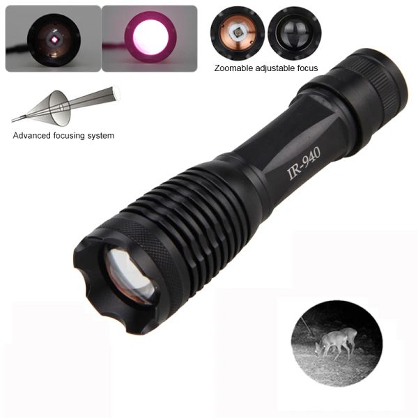 Escopos zoomable caçando luz foco 940nm Radiação infravermelha LED IR Visão noturna Visão noturna Camping Luz de caça à luz lanterna