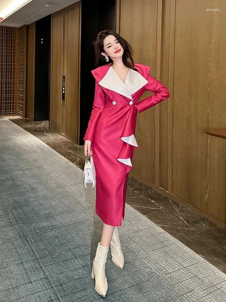 Abiti casual 2024 Autunno Elegante abito da donna abito abito lungo blazer femmina rosa rosa patchwork colore formale ufficio lady giacca da spino