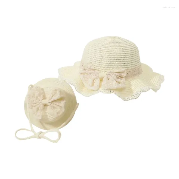 Cappelli 2024 Fashion Girls Sun Hat Set Hat set elegante bordo in pizzo largo con sacca da spiaggia di paglia per le vacanze