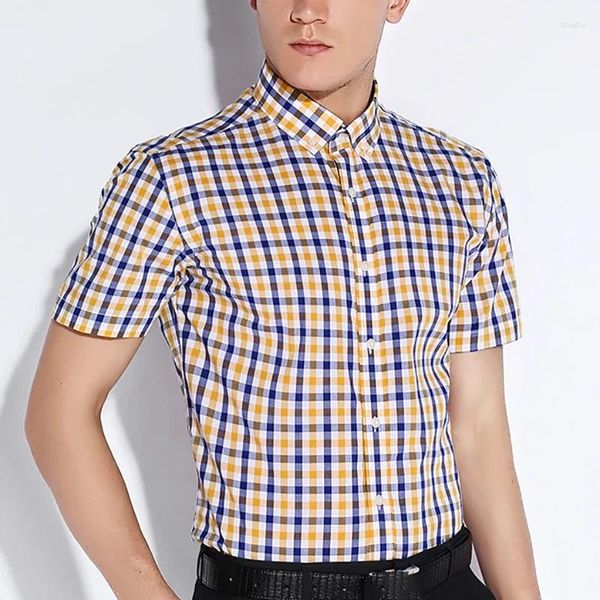 Herren -Hemd -Hemden Sommer kurzärmelig kariertes Baumwollknopf formelle Hemd klassisches Design Smart Casual Checked