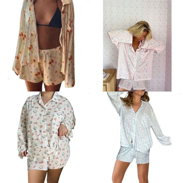 S Lenceria Sleepwear y K Piece Pama Set для женщин милый цветочный фруктовый принцип с длинным рукавом рубашка боковые шорты наряды Leepwear et Leeve Hirt Ide Plit Horts