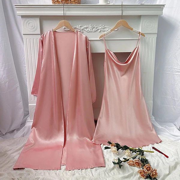 Sleep abbigliamento da donna Bridal 2 pc abito set di abiti da pizzo rosa donna setosa sonno kimono sexy da camicino da camicino da camicino da camicia da notte per la camicia da notte
