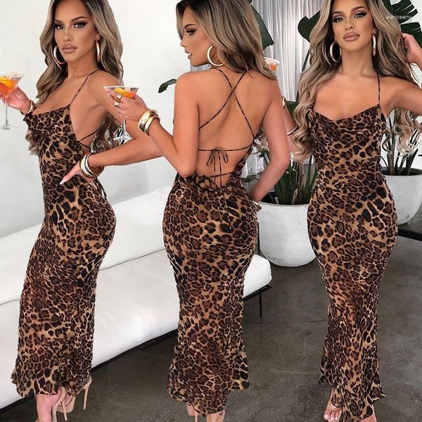 Lässige Kleider Fashion Leopard Print Open Rücken Schnüre -up Slim Fit Midi Kleid