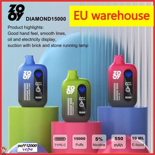 Warehouse UE Warehouse originale Zooy Diamond 15000 sbuffi usa e getta usa e getta ricaricabile in rete e sigarette a ec-sigarette di carrelli pre-riempiti da 15k lampada da corsa a forma intelligente integrata