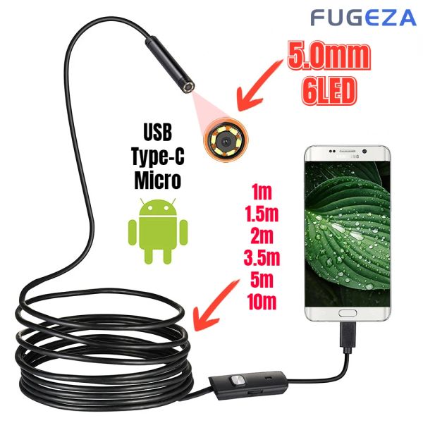 Câmera de câmeras FUGEZA Mini Endoscópio Câmera Endoscópio Impermeável Fio macio ajustável 6 LEDs 5.5mm Android TypeC Camea de inspeção USB para carro