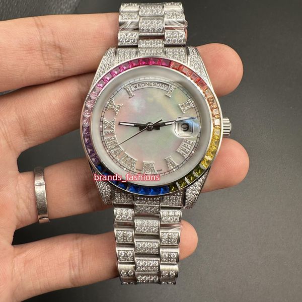 En son erkekler buzlu Out Diamond Watch Rainbow Diamond Çerçeve Tam İzeli Popüler Parlak Saat Gümüş Paslanmaz Çelik Kılıf Otomatik Movemeng 40mm