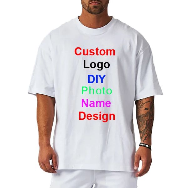 Design DIY personalizado de camiseta de meia manga de tamanho grande masculino algodão cair ombro solto camiseta de fitness de verão ginástica 240420