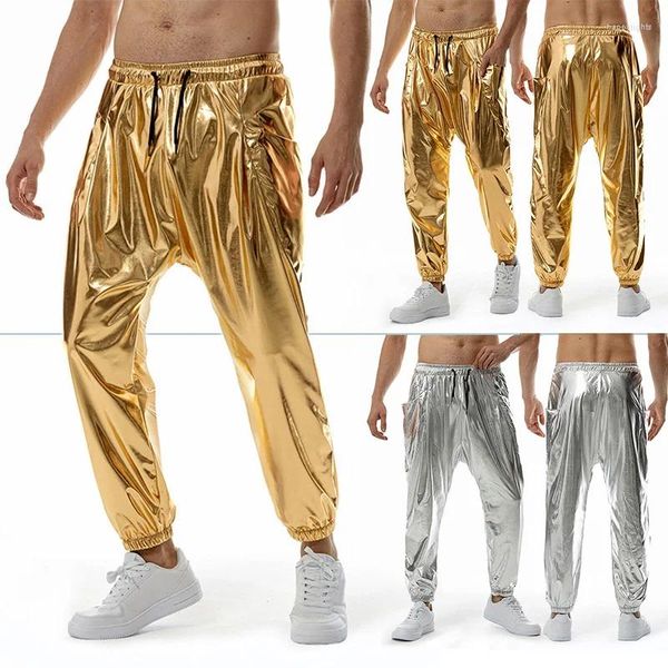 Pantaloni maschili uomini metallici luccicanti pantaloni da jogger night club da ballo da ballo club abbigliamento per discorsi casual olografica