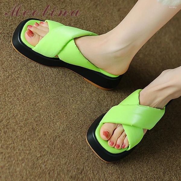 Slippers Meotina Women Slides Scure Toe Flat Platform Plater Mid Heels Sandals Ladies Fashion Shoes Summer Silver Green Black