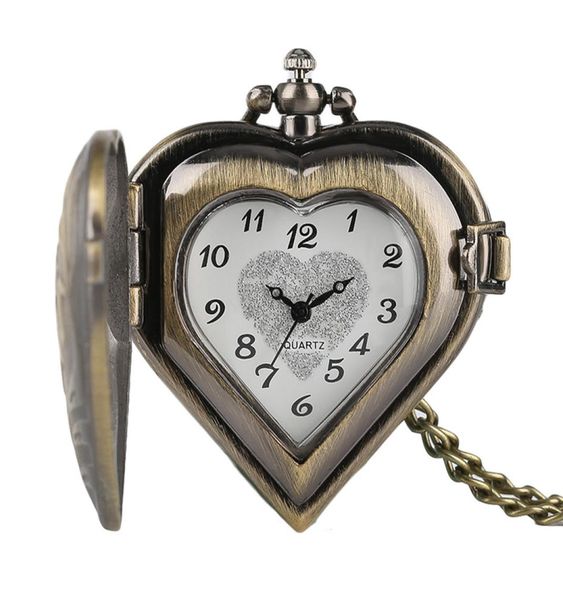 Relógios de bolso de bronze em forma de coração retro com corrente de colar cool quartzo fob watch for women ladies meninas presente9523517