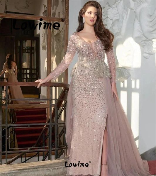 Partykleider Dubai vor schulterrosa Kleid für Hochzeiten 2024 Plus Size Long Sleeve Mermaid Shiny Paillettenkristalle formelle Abendkleider