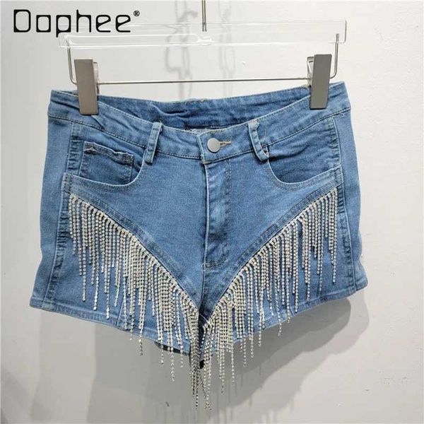 Женские шорты HomeProduct CenterFashion Tassel Chain Denim Shorts2024 Летние новые тяжелые промышленные бусины с низкой талией короткие сексуальные женские джинсовые шорты Y240420