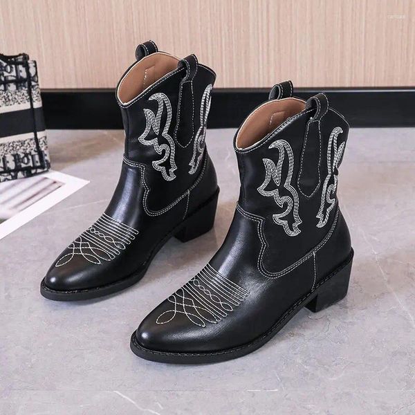 Stiefel 2024 PU gestickte Frauen speicherte Zehenquadrat-Ferse Herbst Winter Lange Leder handgefertigt für Western 36-43