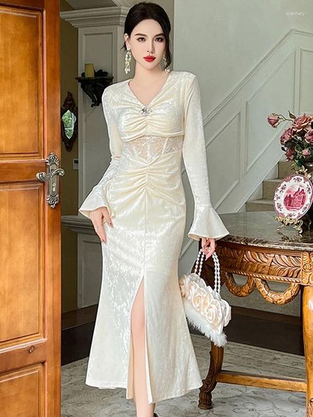 Lässige Kleider Adlige Qualität eleganter Kleid Frauen Chic Samt Diamant DIAMOND FEMANISCHE KLID -FISHTAIL -Kleid Bankett Abend Robe Party Abschlussball