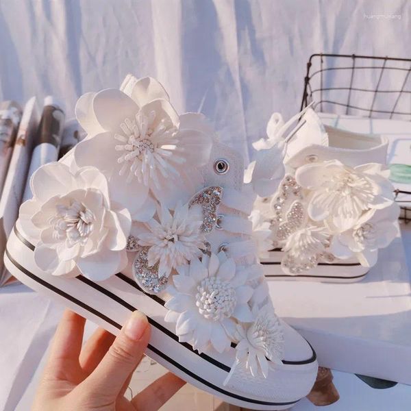 Fitness Shotes Womens Rhinestones Flowers Casual Lace Up Sneakers High Top Sweet Wedge Hidden Heel White C771