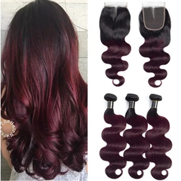 Wefts #1B/99J Wine Red Ombre Body Wave Peruvian человеческие волосы плетения с кружевным закрытием 4x4 волнистые бордовые омбре -человеческие волосы 3bundles с Clo