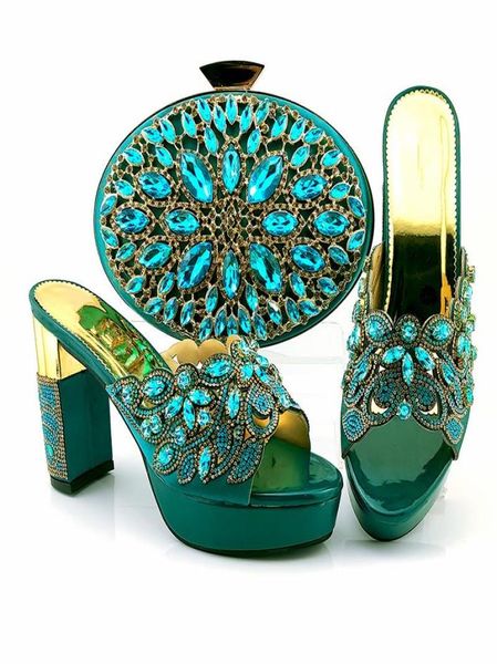 Schöne blaugrüne Frauenpumpen und Taschenset mit großen Kristallstil afrikanischen Schuhen Match -Handtasche für Kleid CP6002Heel 105cm1318275