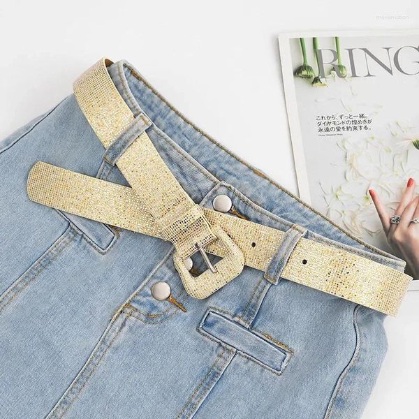 Cinture paillettes luccicanti cintura da donna fibbia quadrata manualmente indossare jeans elastic