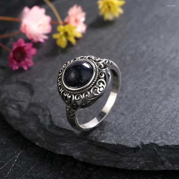 Clusterringe Vintage natürlicher blauer Sandstein Mondstein Ring 925 Sterling Silver Labradorite Hollow Luxus Fine Schmuck Hochzeitsgeschenk für