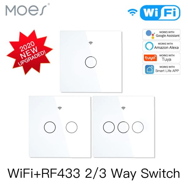 Controle Moes Novo WiFi RF433 Smart Touch Switch 2/3 Way Smart Life/Tuya App Control, Alexa Google Home Voice Control 1/2/3/4 Gang EU