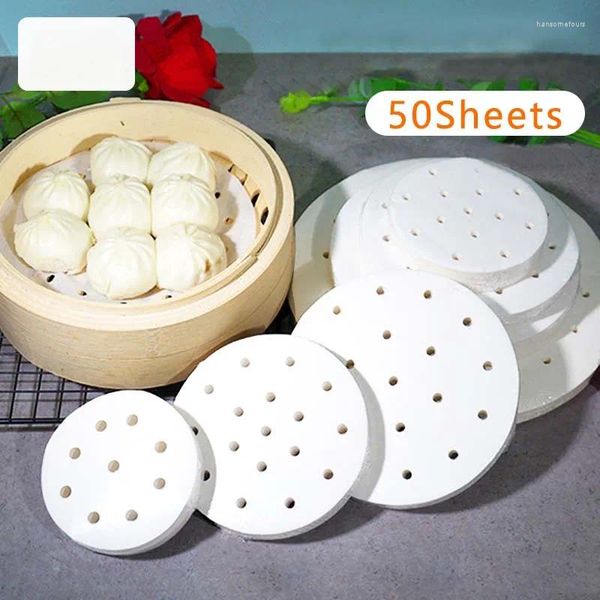 Doppelkessel 50pcs 15/18/20/24 cm Weißer Bambus Dampfer Praktisches Kochpapier Dim Sum Nicht -Stick Restaurant Haus Küche unter Dampfmatte