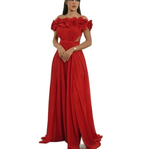 Элегантные длинные красные шифоновые вечерние платья с цветами a-line складки длина пола на молнии на молнии