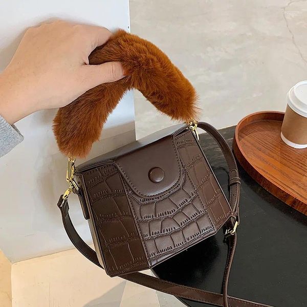 Umhängetaschen Design Plüsch Griff Handtaschen Frauen Alligator Messengerbeutel Damen Krokodil PU Weiche Fell kleine Geldbörse