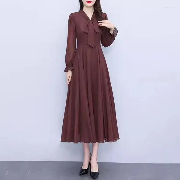 Lässige Kleider helles Seidenchiffonkleid für Frauen 2024 Sommer Langarm Elegant Slim Urlaub Strand Koreanische Mode Kleidung K428