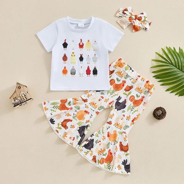 Kleidungssets Fokusnorm 0-4y Lovely Kid Girls Kleidung Set 3pcs Cartoon Chicken Print Short Sleeve T-Shirt mit Fackelhosen Stirnband