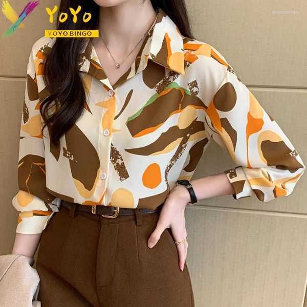Blusas femininas elegantes coreano 2024 outono/inverno impressão amarela de manga longa camisas de chiffon moda solto de escritório descontraído blusa de mulher