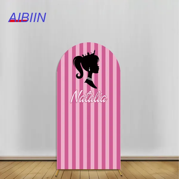 Decoração de festa aibiin arch cenário capa de pano de fundo personalizada menina aniversário rosa listras de cabelo preto pography background