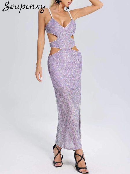 Abiti casual di alta qualità sexy spaghetti cinghia senza manica scavate con paillettes senza schienale Maxi Dress Celebrity Club Club Vestidos