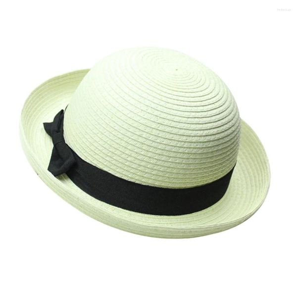 Boinas chapéu de verão dobrável Bowknot- Sun Beach Cap Bucket Wide for feminino Lady (branca cremosa)