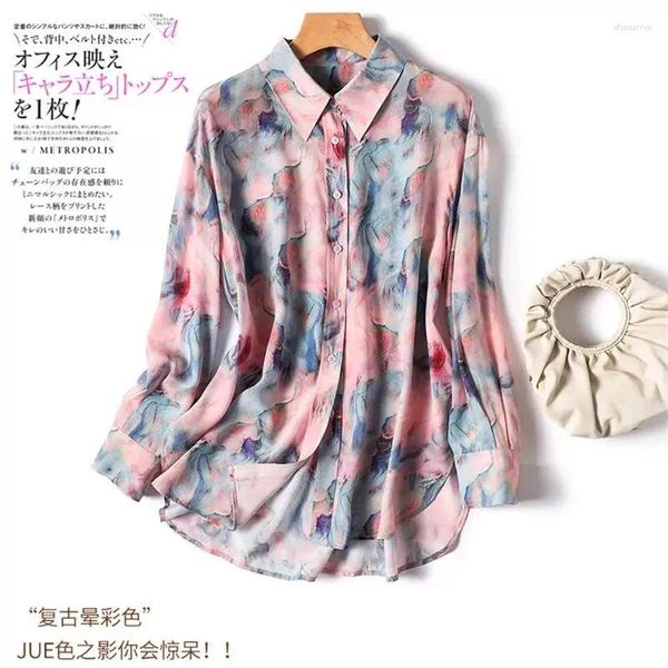 Blouses feminina Limiguyue Multicolor estampa floral Camisa de cetim de seda mulheres elegantes chiffon de manga comprida Lady Lady Casual Tops Z094