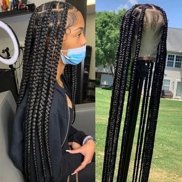 Caixa grande sintética Sagiliza as perucas trançadas da frente de renda completa sem nó para mulheres negras tranças tribais faux locs cornrows peruca 240408