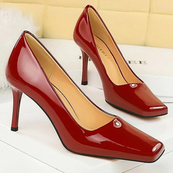 Отсуть обувь Bigtree Square Toe Women Pumps Patent Leather High Heels Stilettos Career Office Sexy Party 8.5см