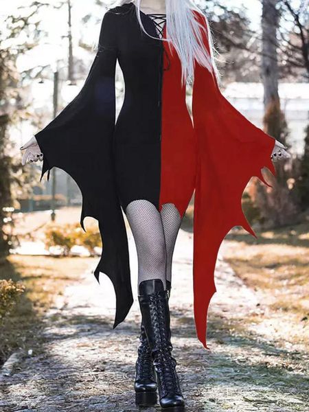 Lässige Kleider 2024 Halloween Color Block Schnüre -up Batwing Ärmelkleid Kleid Frau Frühling Fall weiblich sexy Langscheide Vestidos