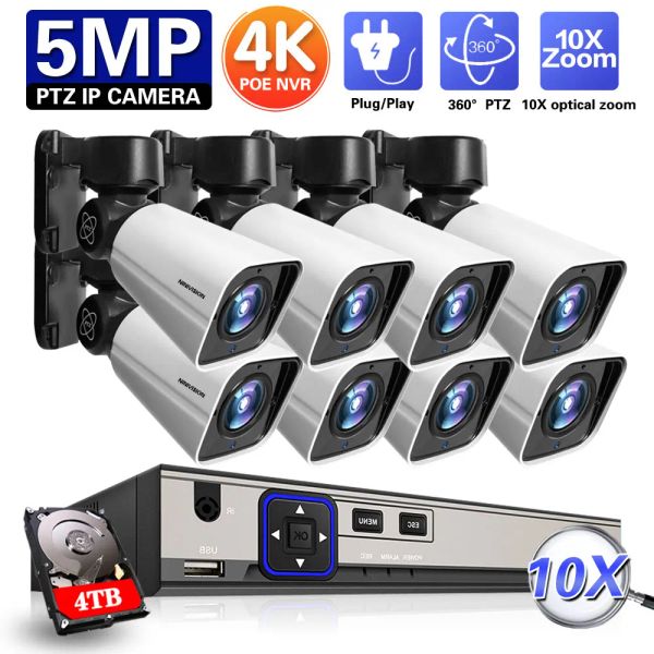 Objektiv 4K 8Ch POE NVR System Kit IP 5MP Bullet PTZ Kamera Pan Neigung 10x Zoom Humanoid -Detektion P2P Mini Überwachungsvideo -Videokamera Set