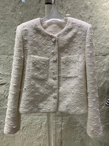 Giacche da donna di alta qualità White Coat Women Women Wool Tweed Office Elegant Office Blazer with Pearls